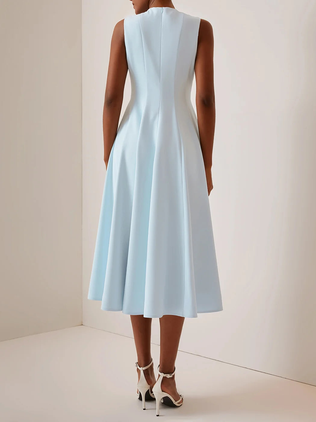 Blue Ruched Crew Neck Sleeveless A-Line Midi Dress