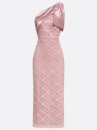 Pink One-Shoulder Satin Bow 3D Floral Sheath Maxi Dress