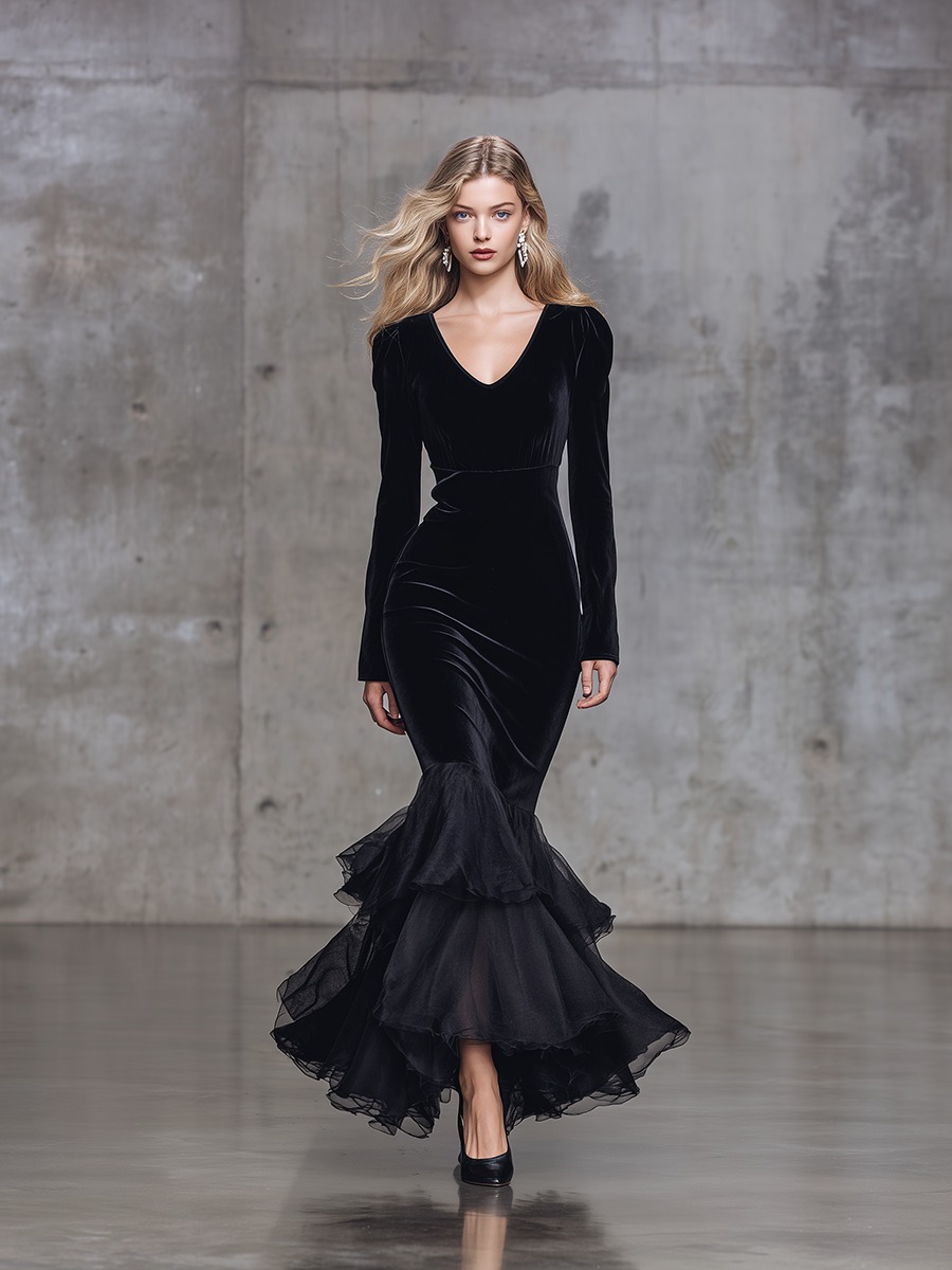 Elegant Cocktail V-neck Chiffon Fishtail Hem Black Velvet Maxi Dress