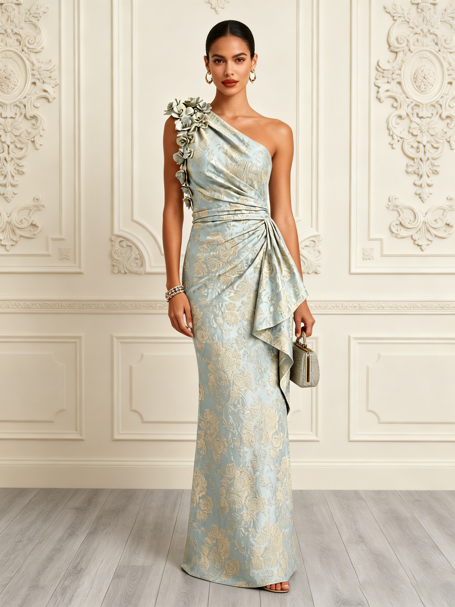 Light Green Jacquard 3D Floral Classic One Shoulder Sleeveless Mermaid Gown Dress