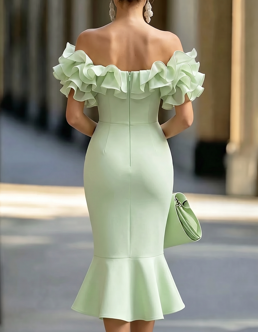 Chiffon Ruffle Waist-Cinching Hip-Hugging Fishtail Midi Dress