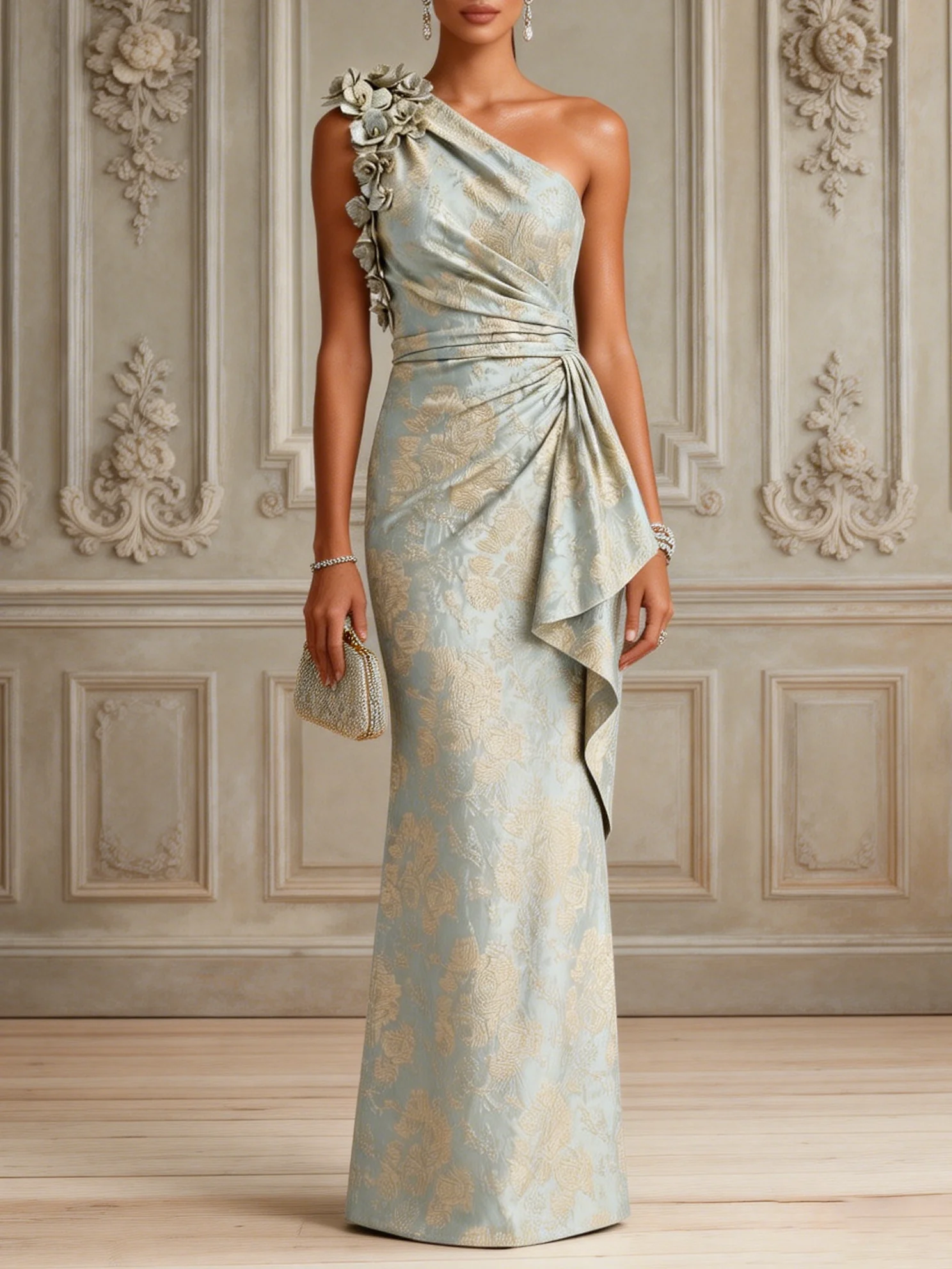 Light Green Jacquard 3D Floral Classic One Shoulder Sleeveless Mermaid Gown Dress