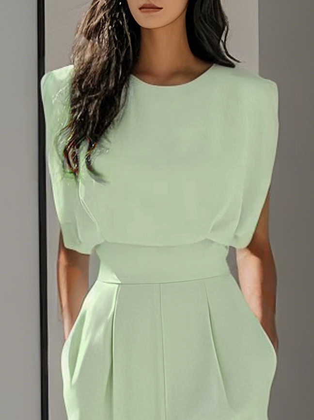 Women Off White Crew Neck Sleeveless Dressy Jumpsuit With Pockets