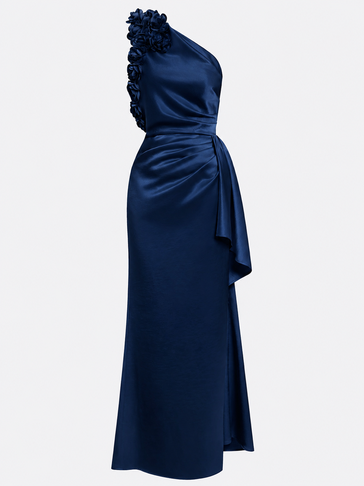 Champagne 3D Floral Ruched Satin One Shoulder Sleeveless Sheath Floor-length Gown Dress