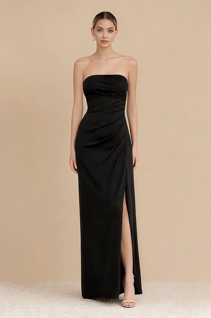 Formal ​Evening Dress Black Strapless Slit Maxi Dress