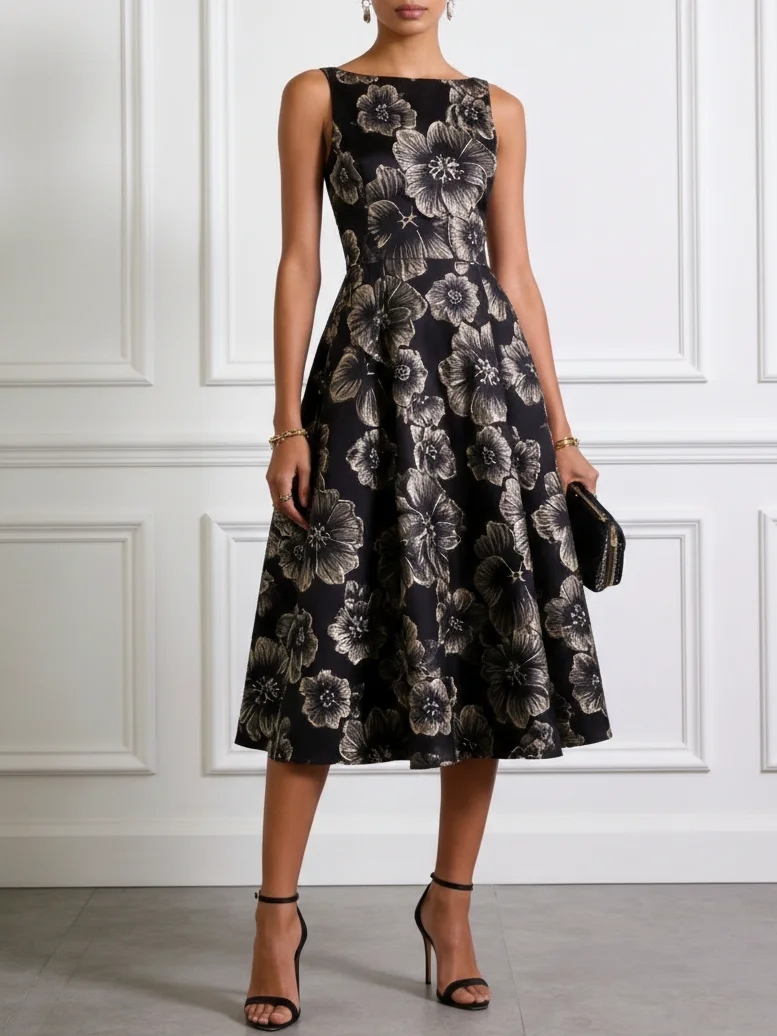 Black Jacquard Classic Boat Neck Sleeveless A-Line Midi Dress