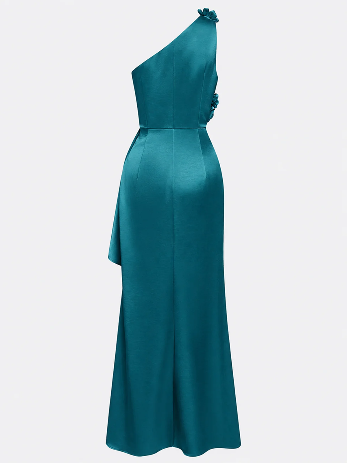 Champagne 3D Floral Ruched Satin One Shoulder Sleeveless Sheath Floor-length Gown Dress