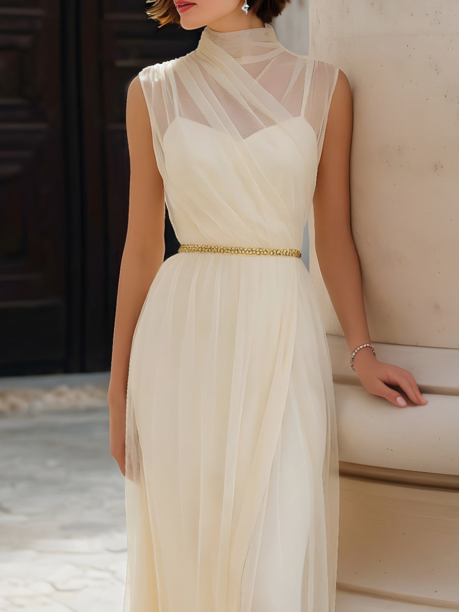 Illusion High-Neck Draped Mesh Maxi Dress
