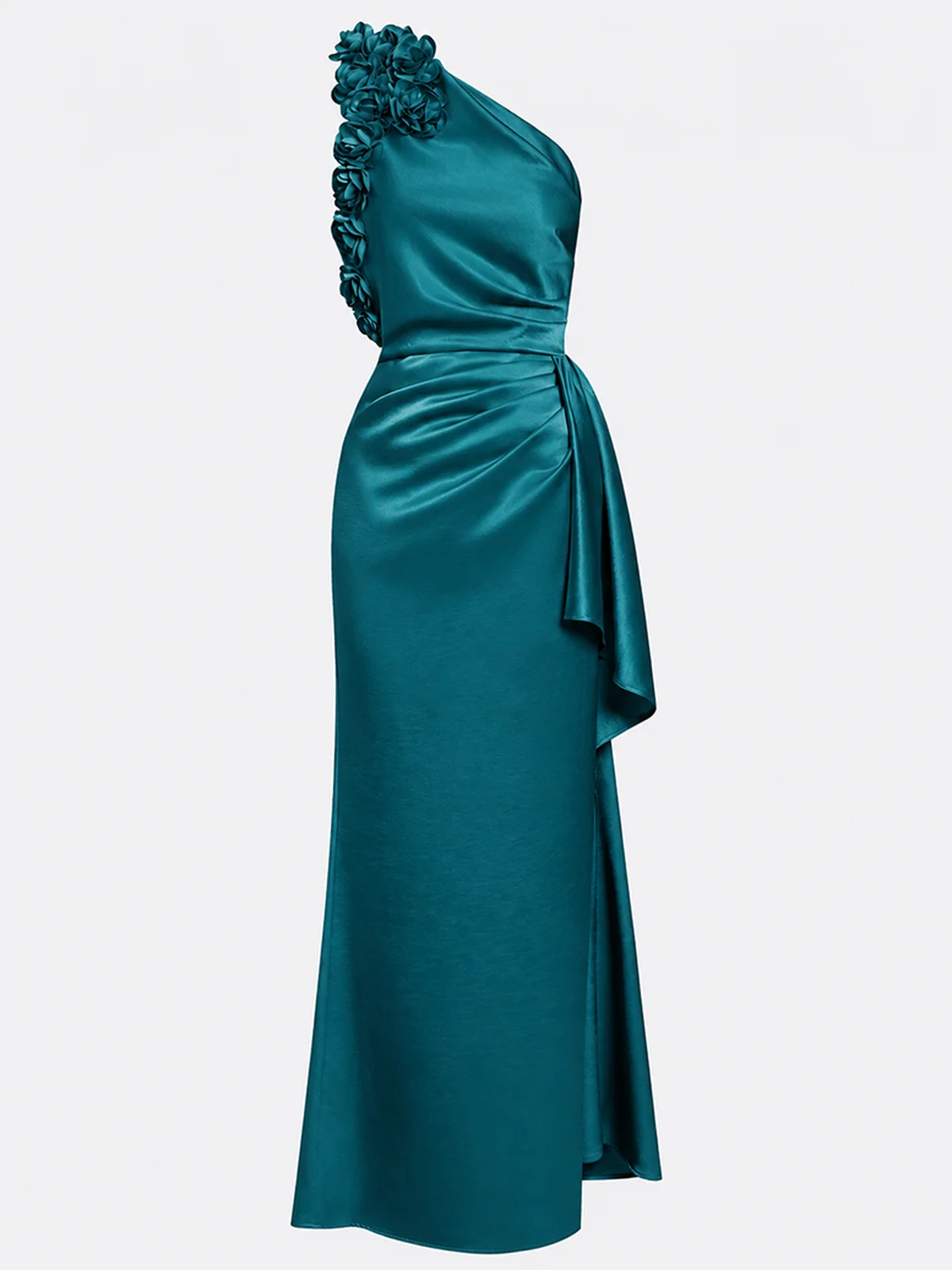 Champagne 3D Floral Ruched Satin One Shoulder Sleeveless Sheath Floor-length Gown Dress