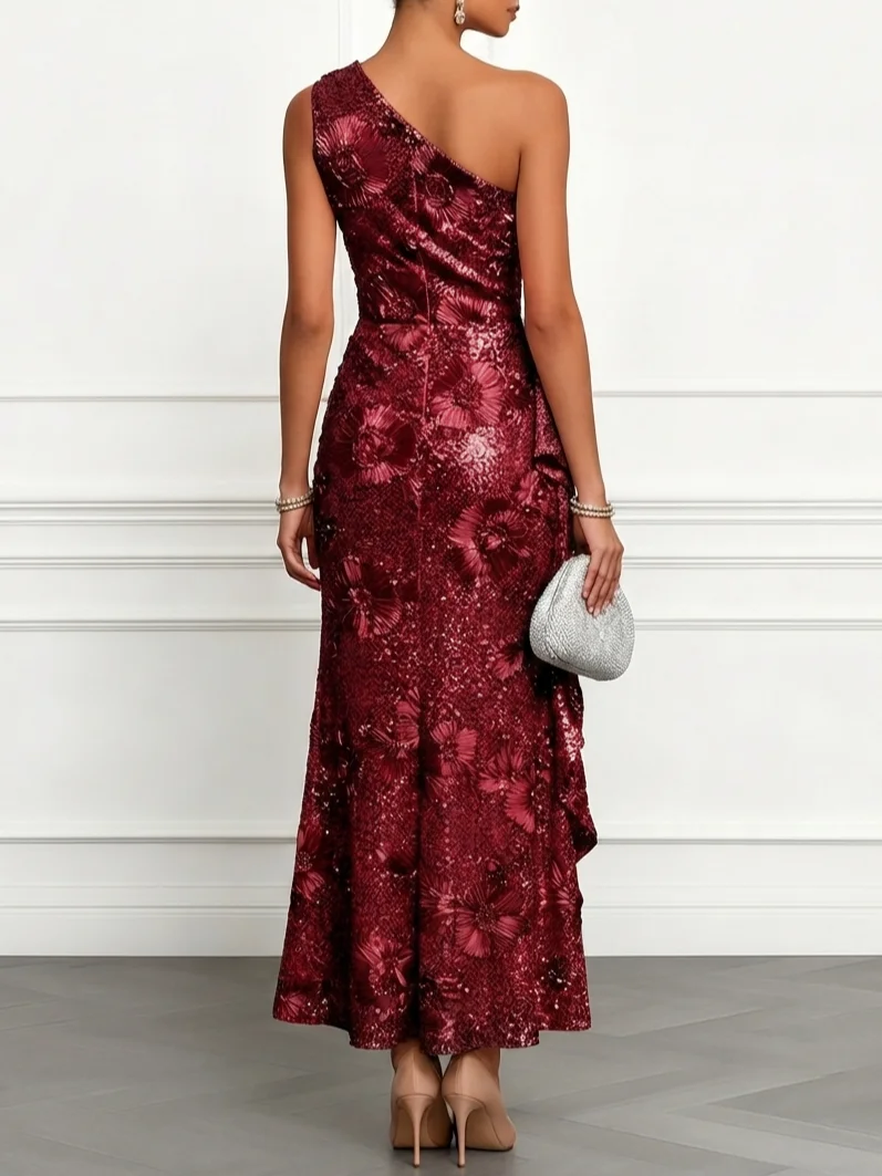 Champagne Jacquard Sequin One Shoulder Sleeveless Mermaid Maxi Dress