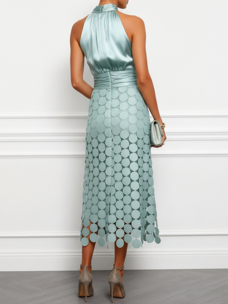 Women Light Green Satin Ruched Halter Neck Sleeveless A-Line Midi Dresses