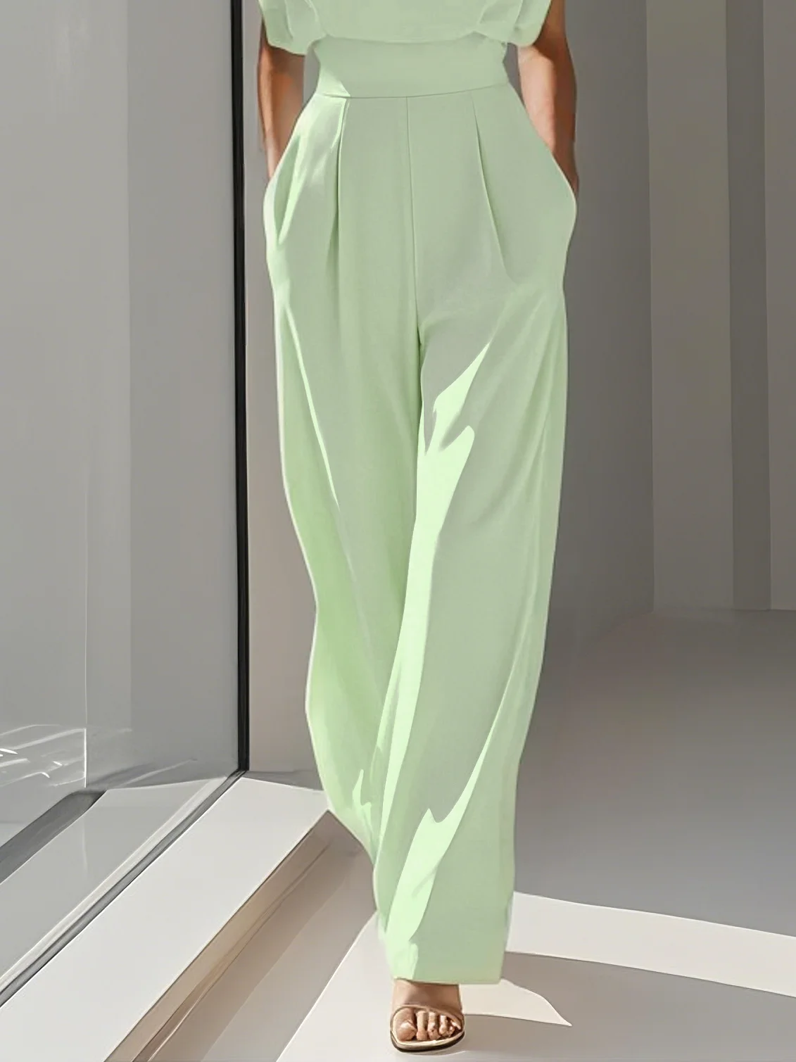 Women Off White Crew Neck Sleeveless Dressy Jumpsuit With Pockets