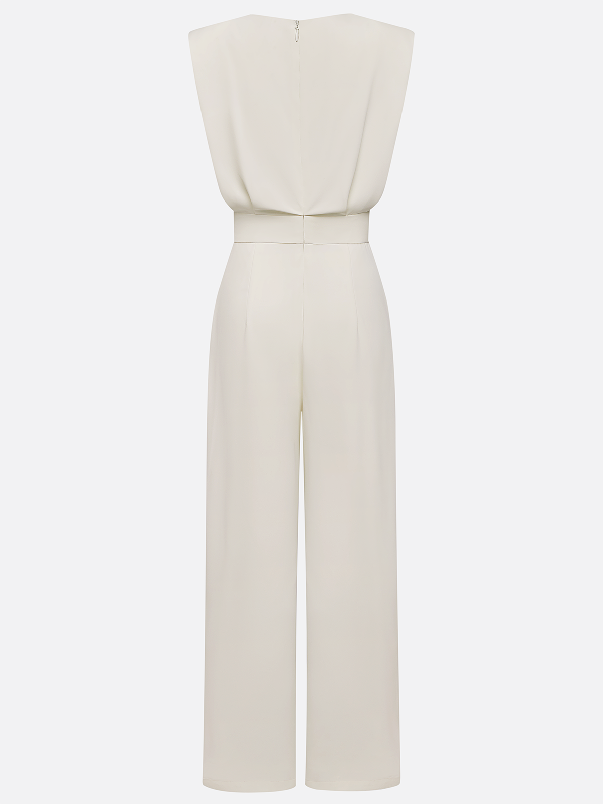 Women Off White Crew Neck Sleeveless Dressy Jumpsuit With Pockets