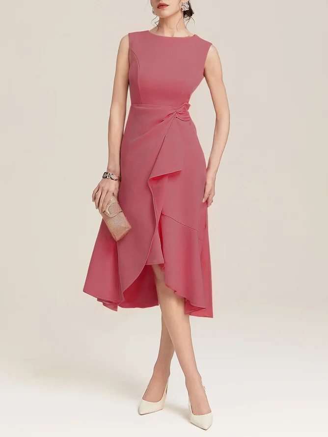 Red Asymmetric Ruffled Classic Boat Neck Sleeveless Midi Elegant A-line Dress with Waist Twist for Day-to-Night