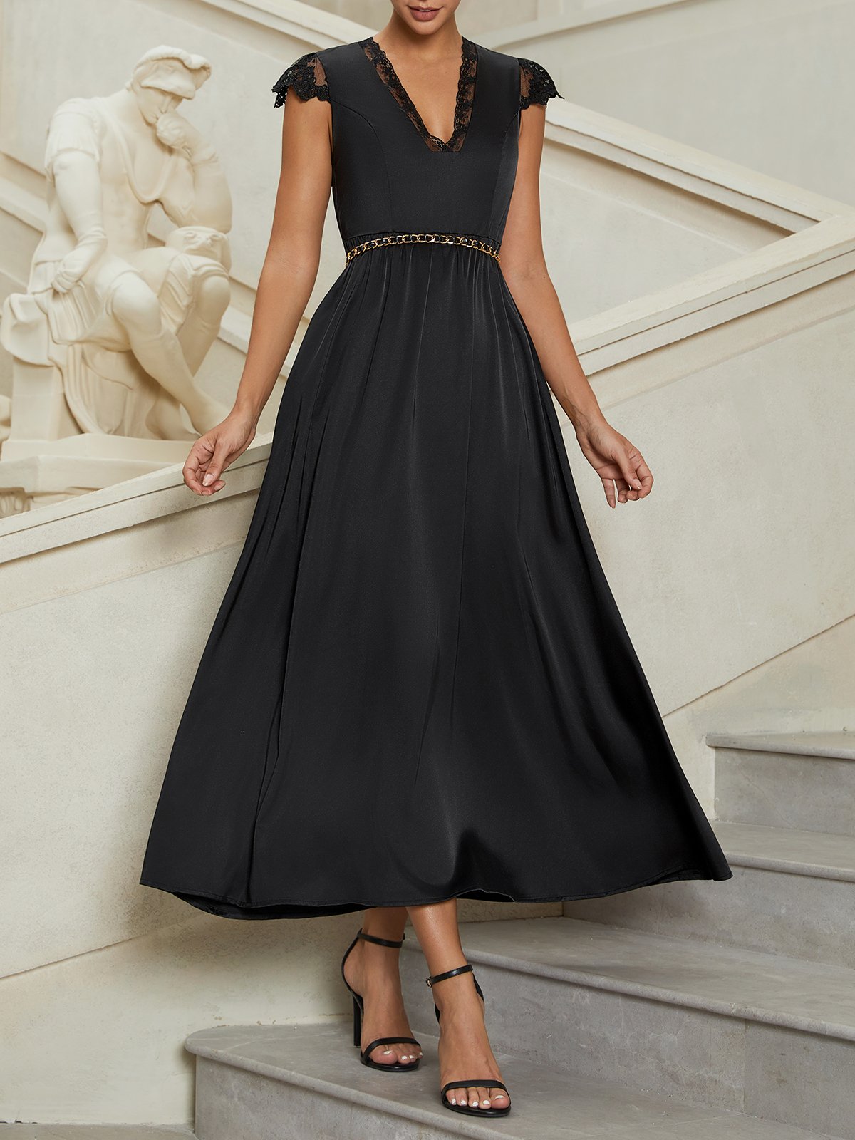 Black Lace Satin V Neck Short Sleeve A-Line Midi Dress