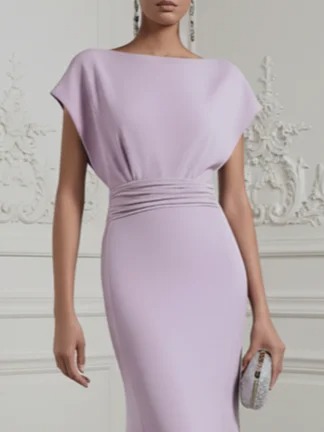 Lavender Ruched Classic Boat Neck Short Sleeve Raglan Sleeves Mermaid Gown Dress