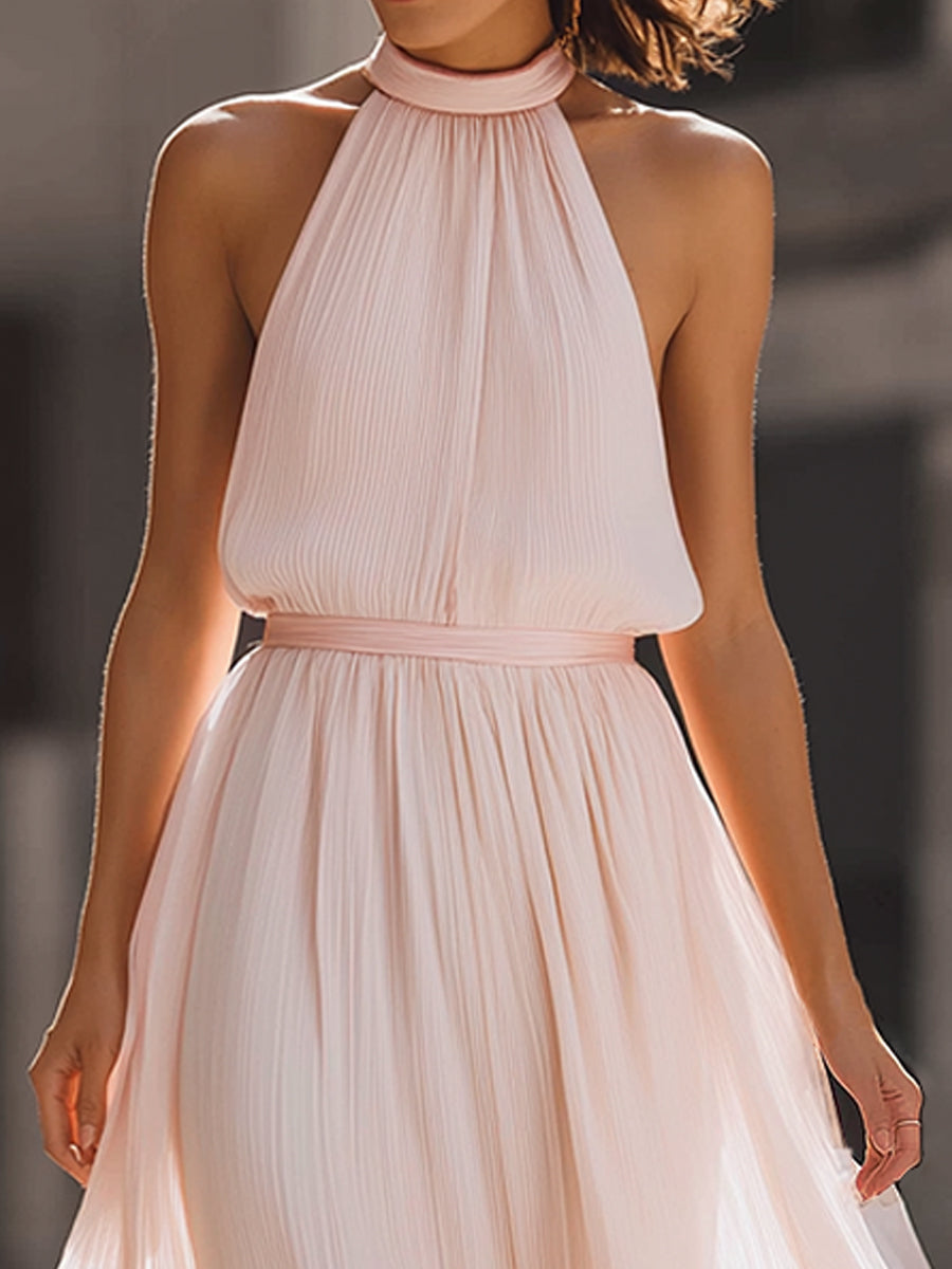 Pleated Halter Neck Flowing Midi Dress