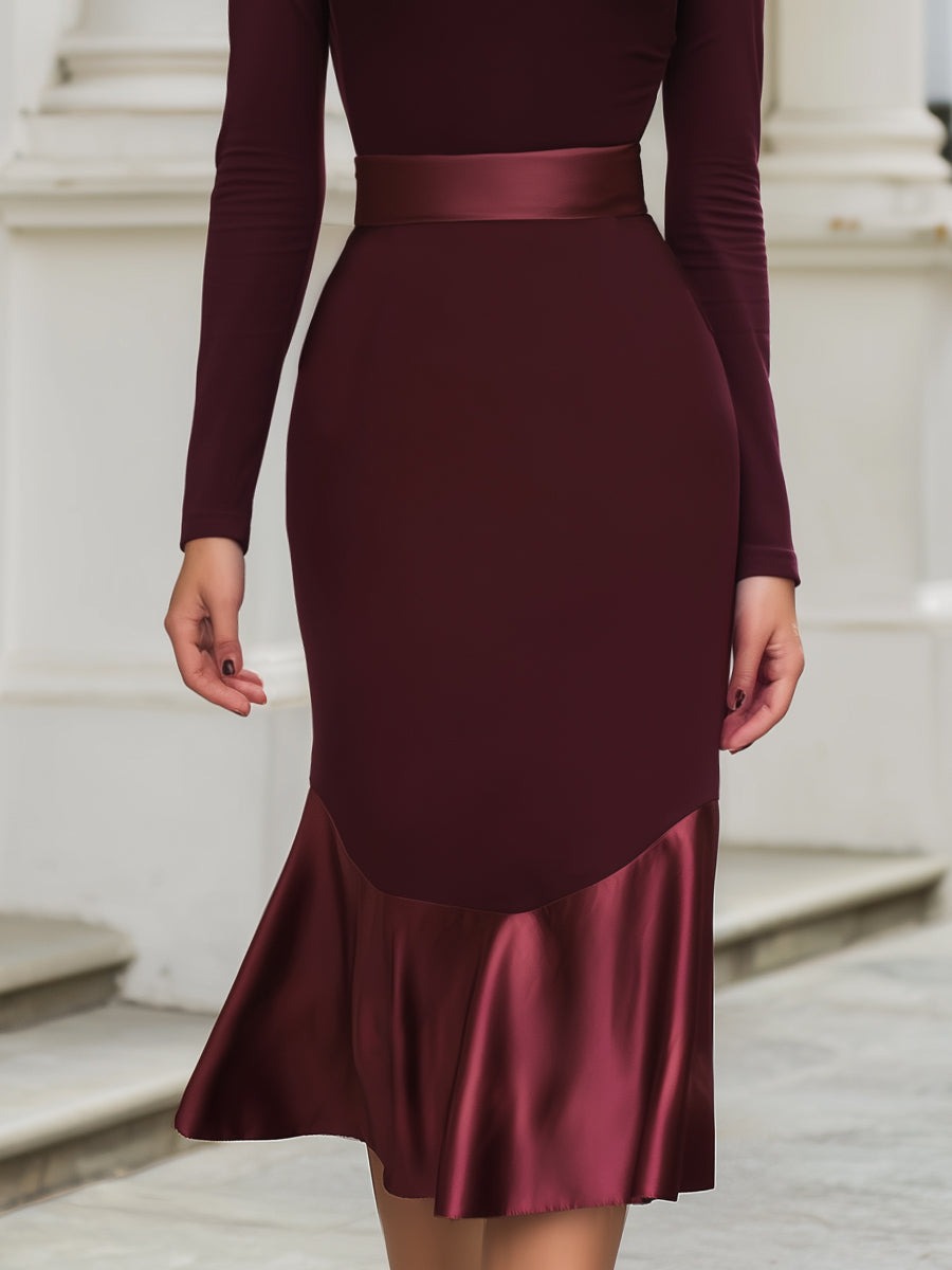 Burgundy High-Neck Satin Hem Midi Dress