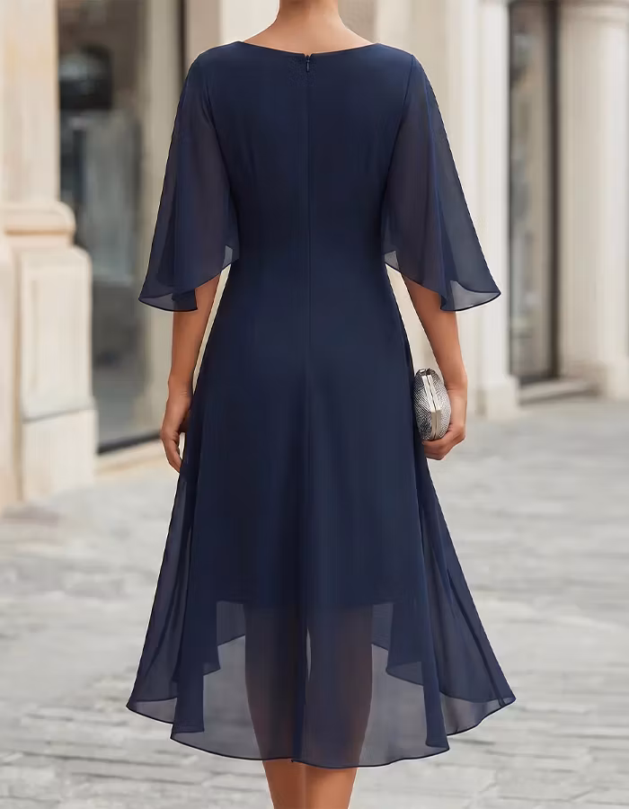 Navy Blue Chiffon Draped Ruffle Three Quarter Sleeves Maxi Dress