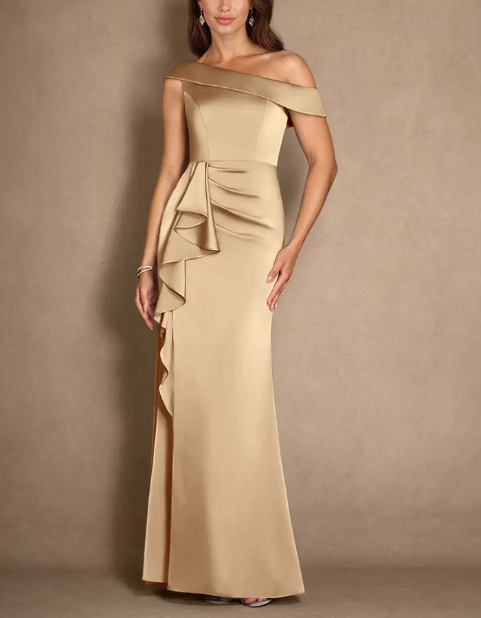 Champagne Pleated A-Line Stretch Satin Maxi Dress