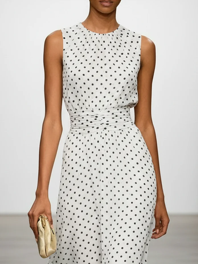 White Polka Dots Ruched Chiffon Crew Neck Sleeveless A-Line Maxi Dress
