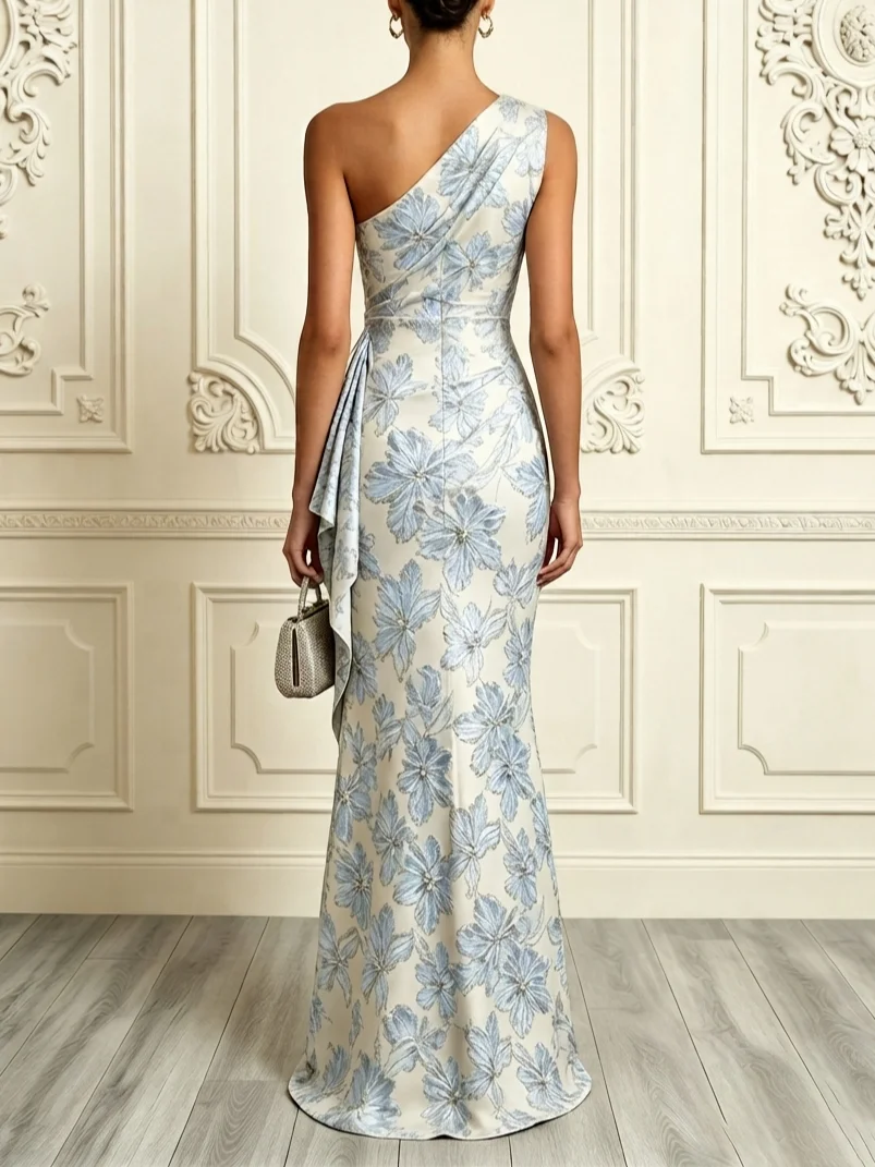 Light Green Jacquard 3D Floral Classic One Shoulder Sleeveless Mermaid Gown Dress