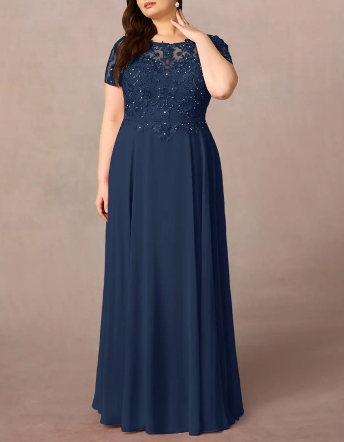 Dark Navy Sequined Chiffon A-Line Maxi Dress