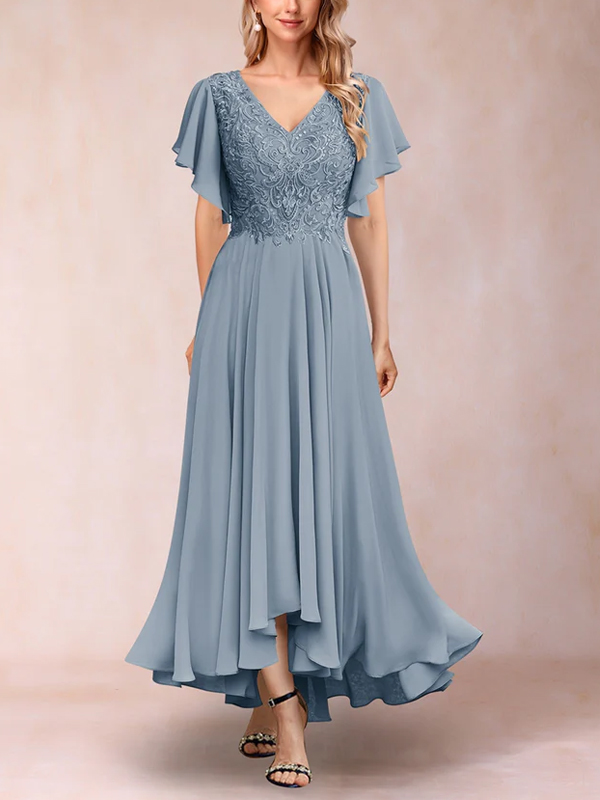 A-line V-neck Short Sleeved Chiffon Maxi Dress
