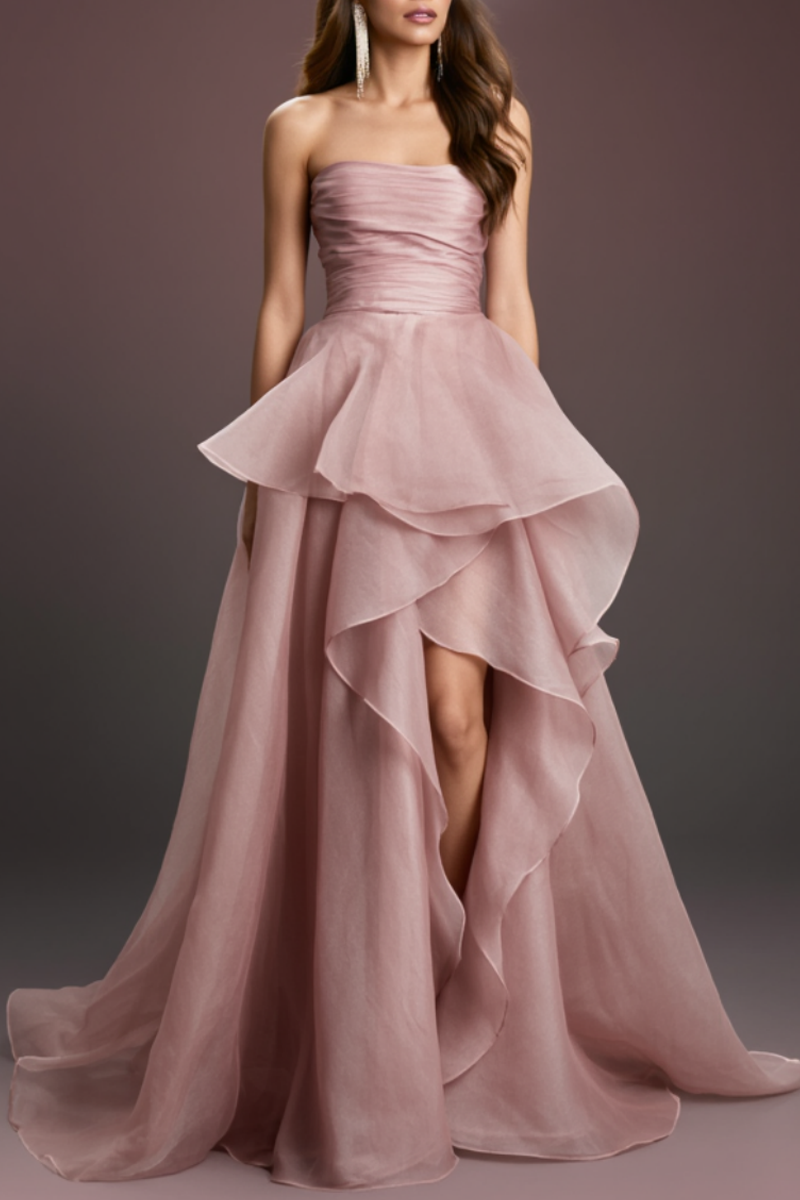 Formal Evening Tiered Dress Pink Strapless Maxi Gown