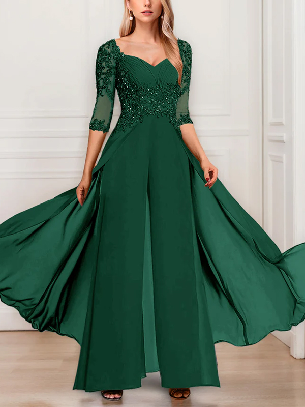 Solid Color Chiffon V-Neck Half Sleeve Mother of the Bride Jumpsuit