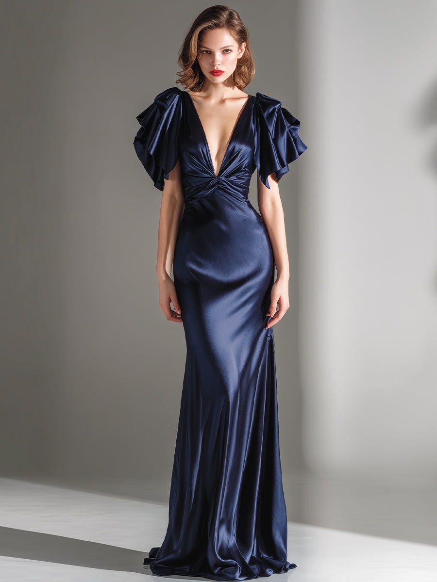Draped Flutter-Sleeve Plunge Neck Evening Gown