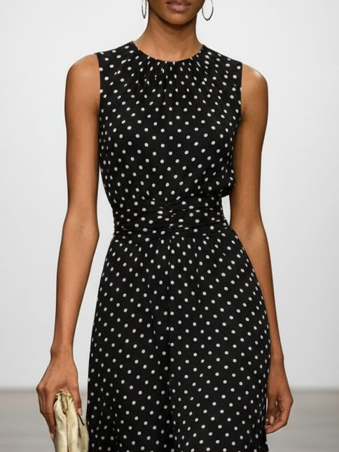 White Polka Dots Ruched Chiffon Crew Neck Sleeveless A-Line Maxi Dress