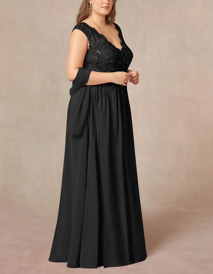 Black Sequined Chiffon A-Line V-Neck Maxi Dress
