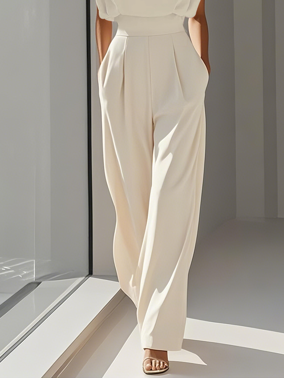 Women Off White Crew Neck Sleeveless Dressy Jumpsuit With Pockets