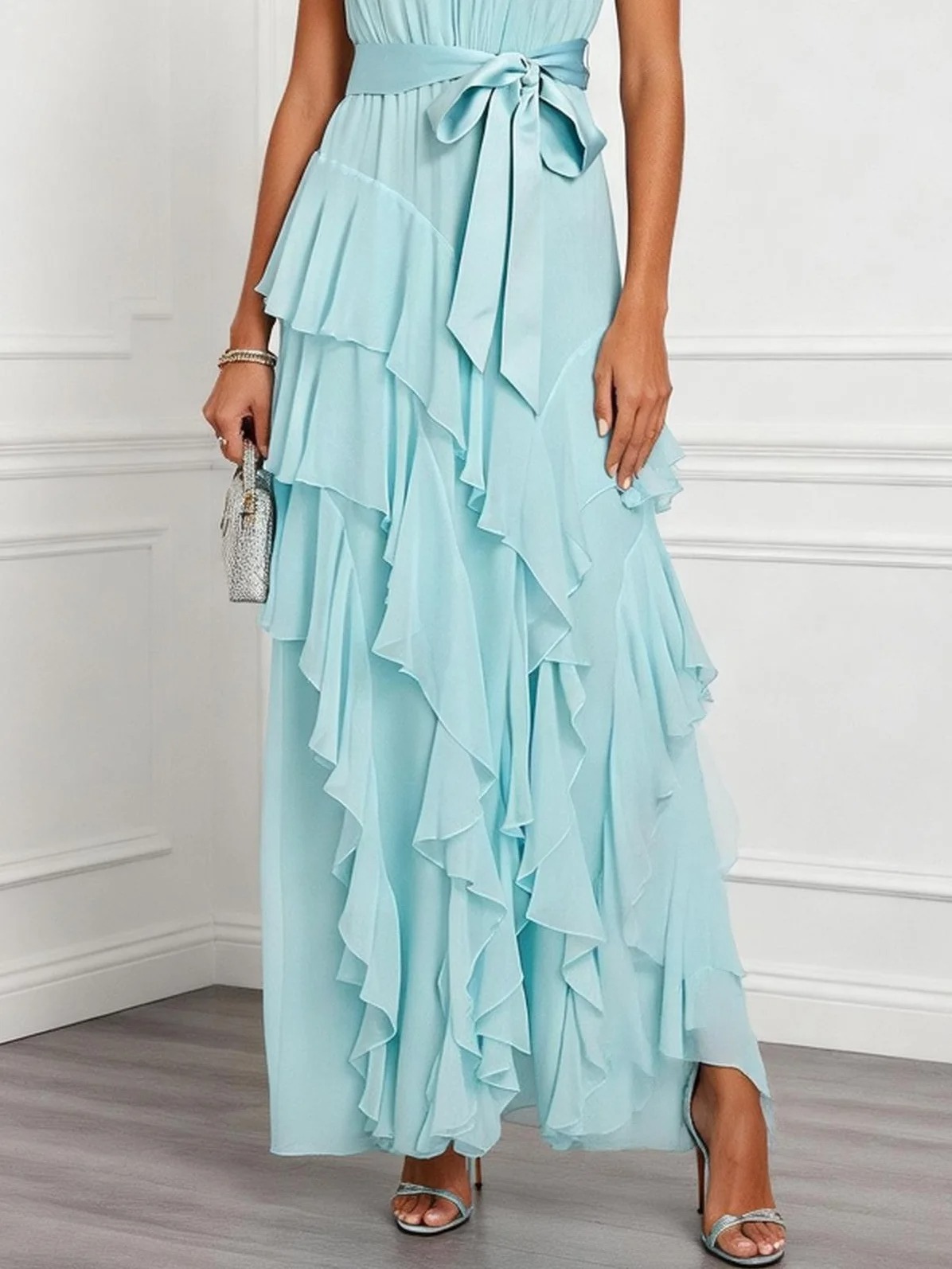 Light Blue Bow Peplum Chiffon Mock Neck Sleeveless A-Line Maxi Dress
