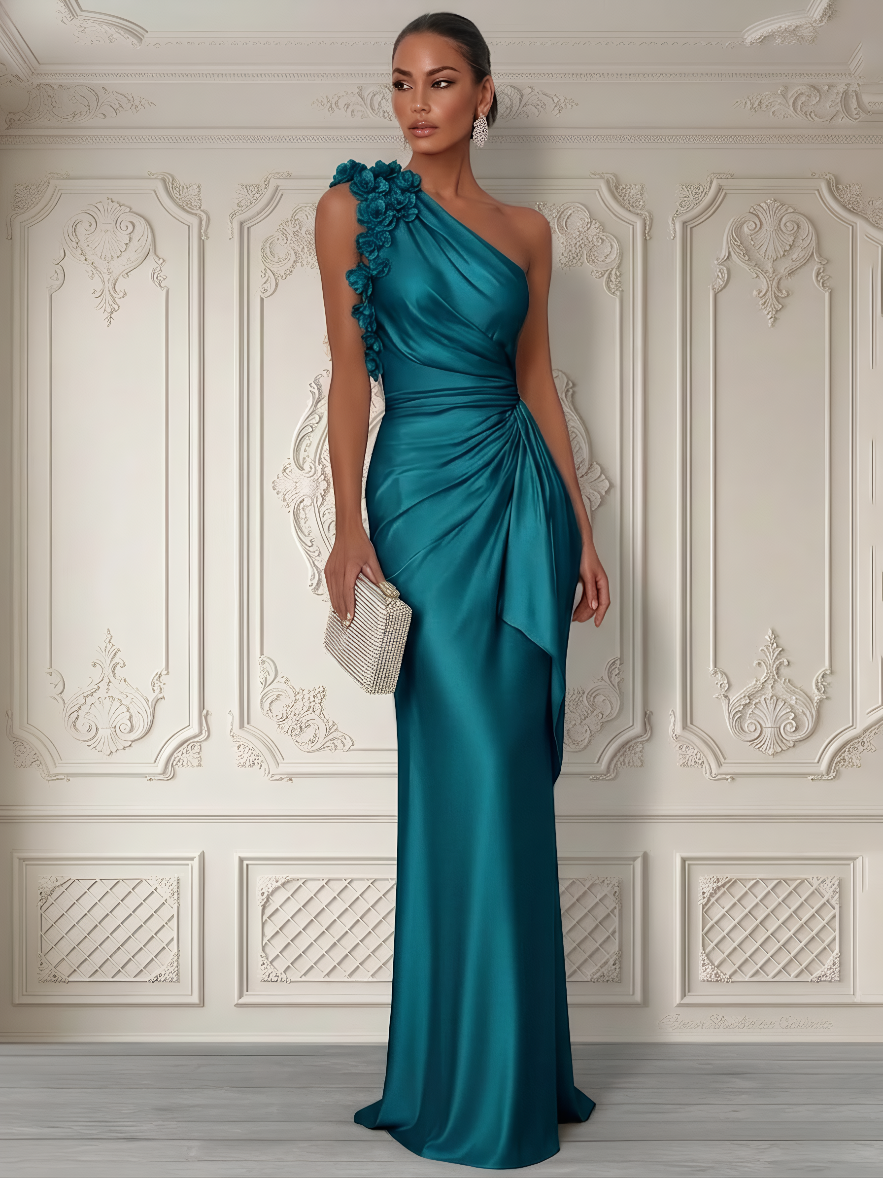 Champagne 3D Floral Ruched Satin One Shoulder Sleeveless Sheath Floor-length Gown Dress