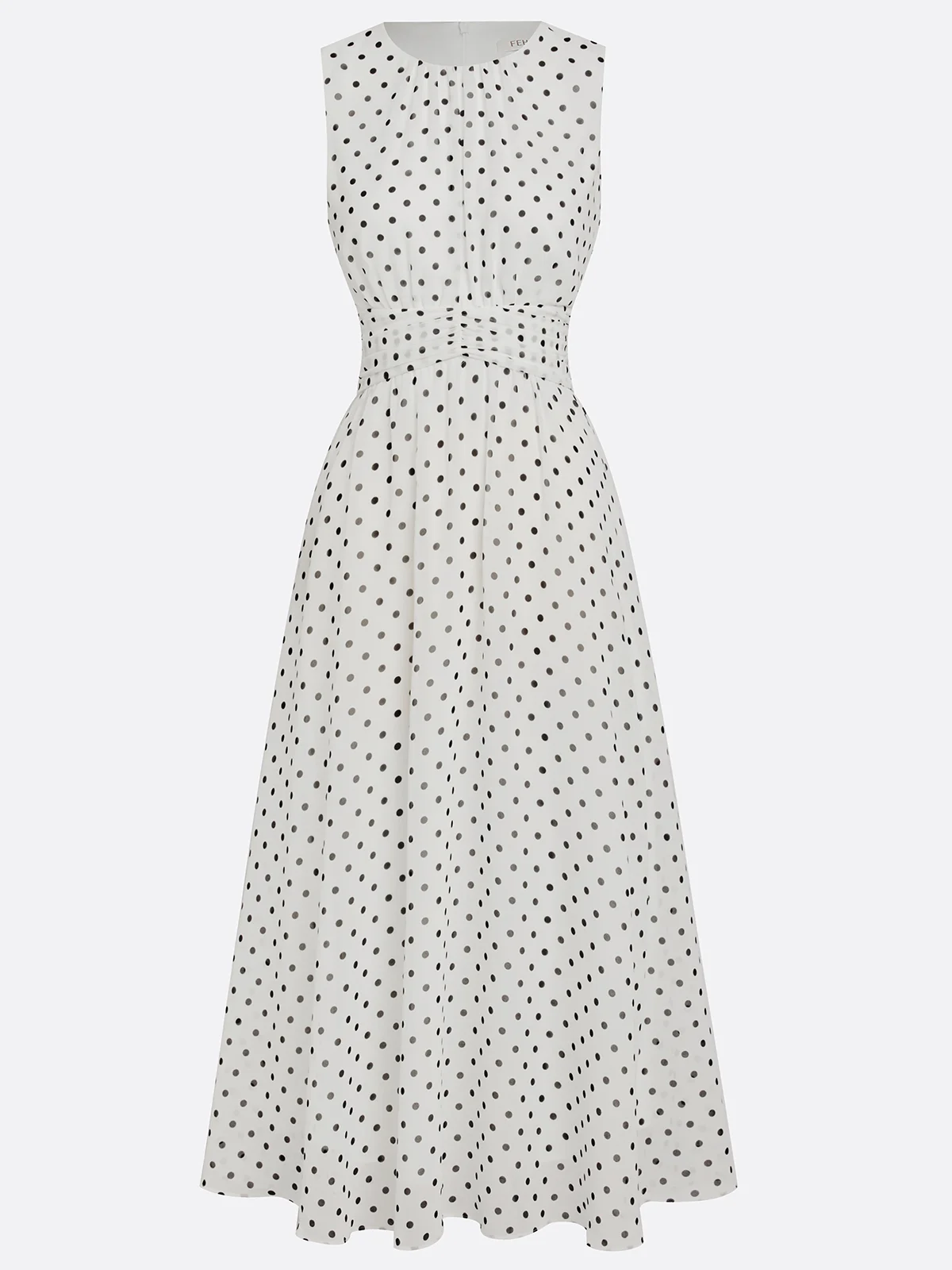 White Polka Dots Ruched Chiffon Crew Neck Sleeveless A-Line Maxi Dress