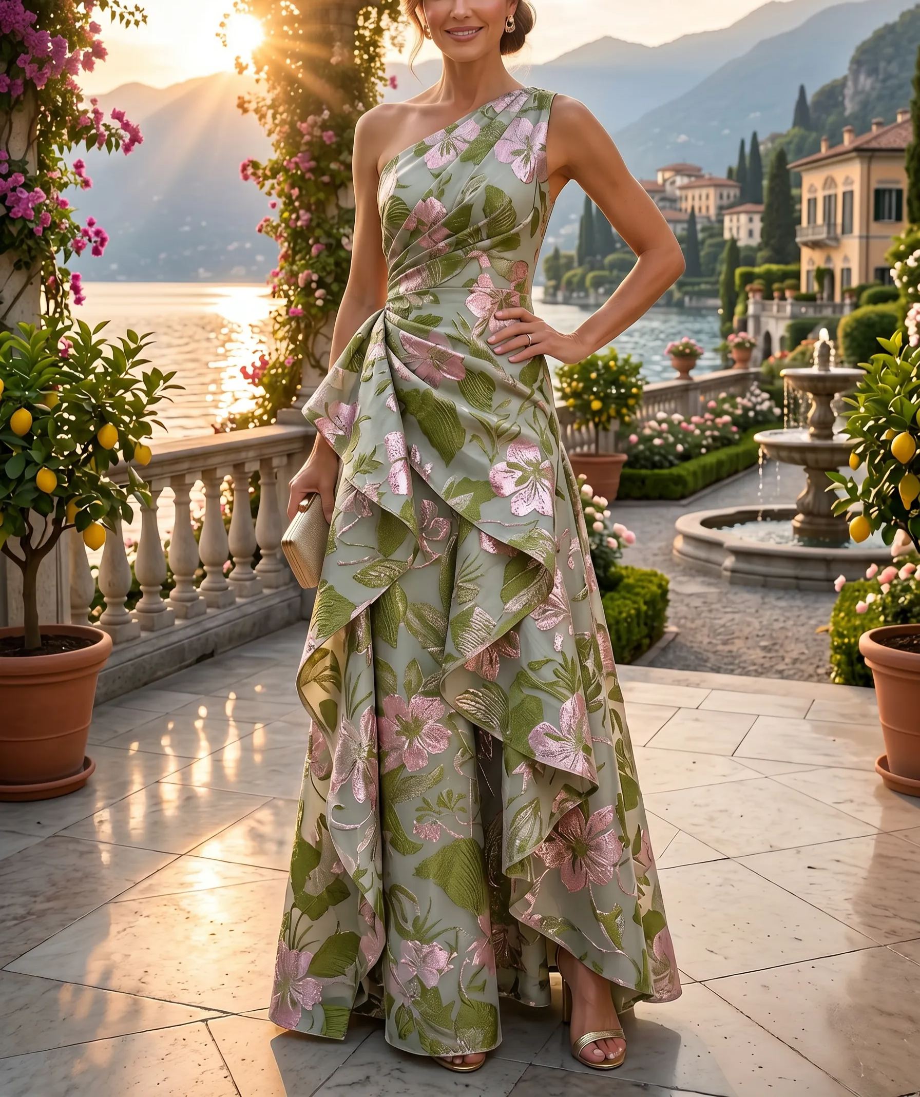 Floral Print A-Line/Princess One Shoulder Floor-Length Evening Dresses with Ruffles
