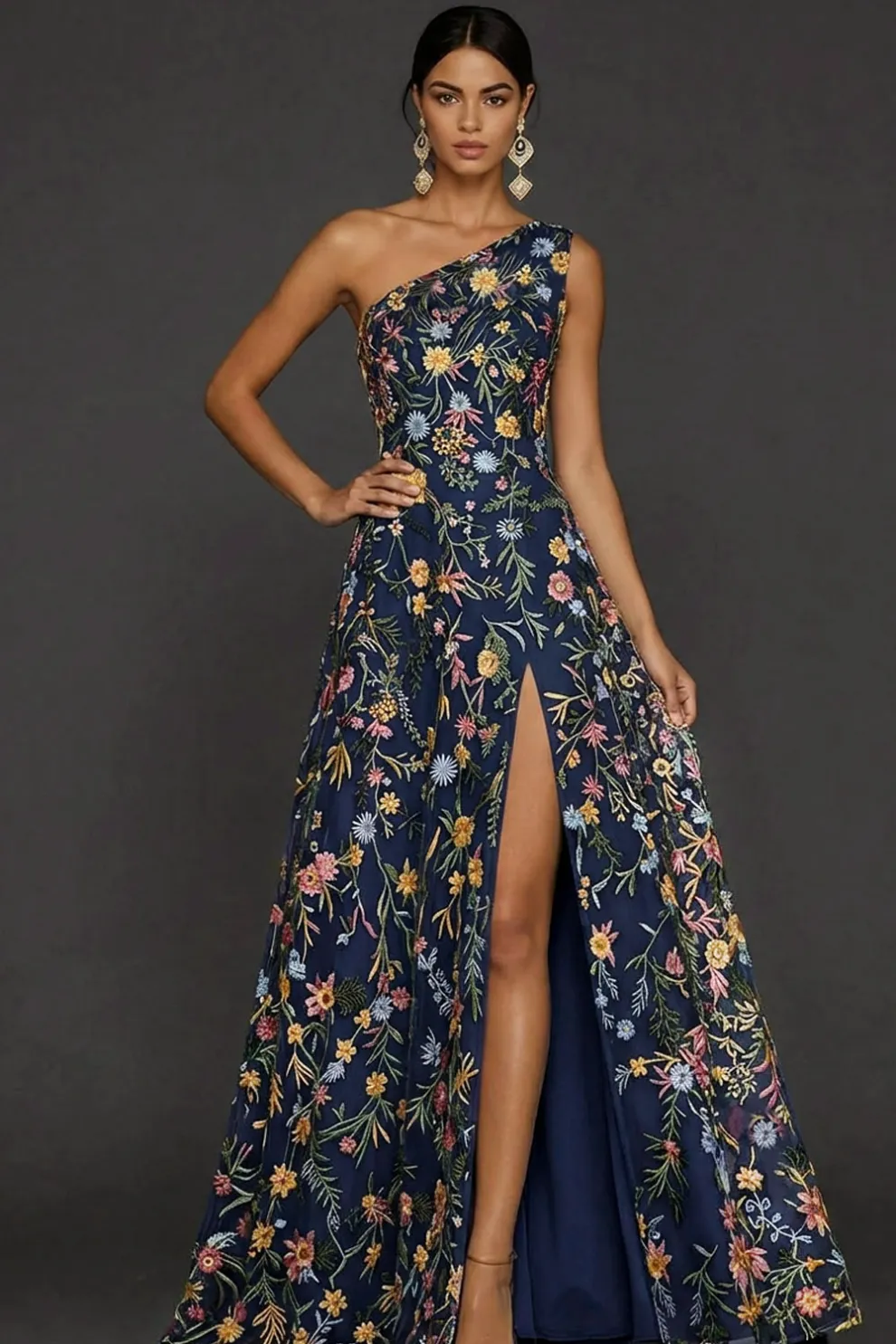 Floral Mauve One Shoulder A Line Long Prom Dress with Slit