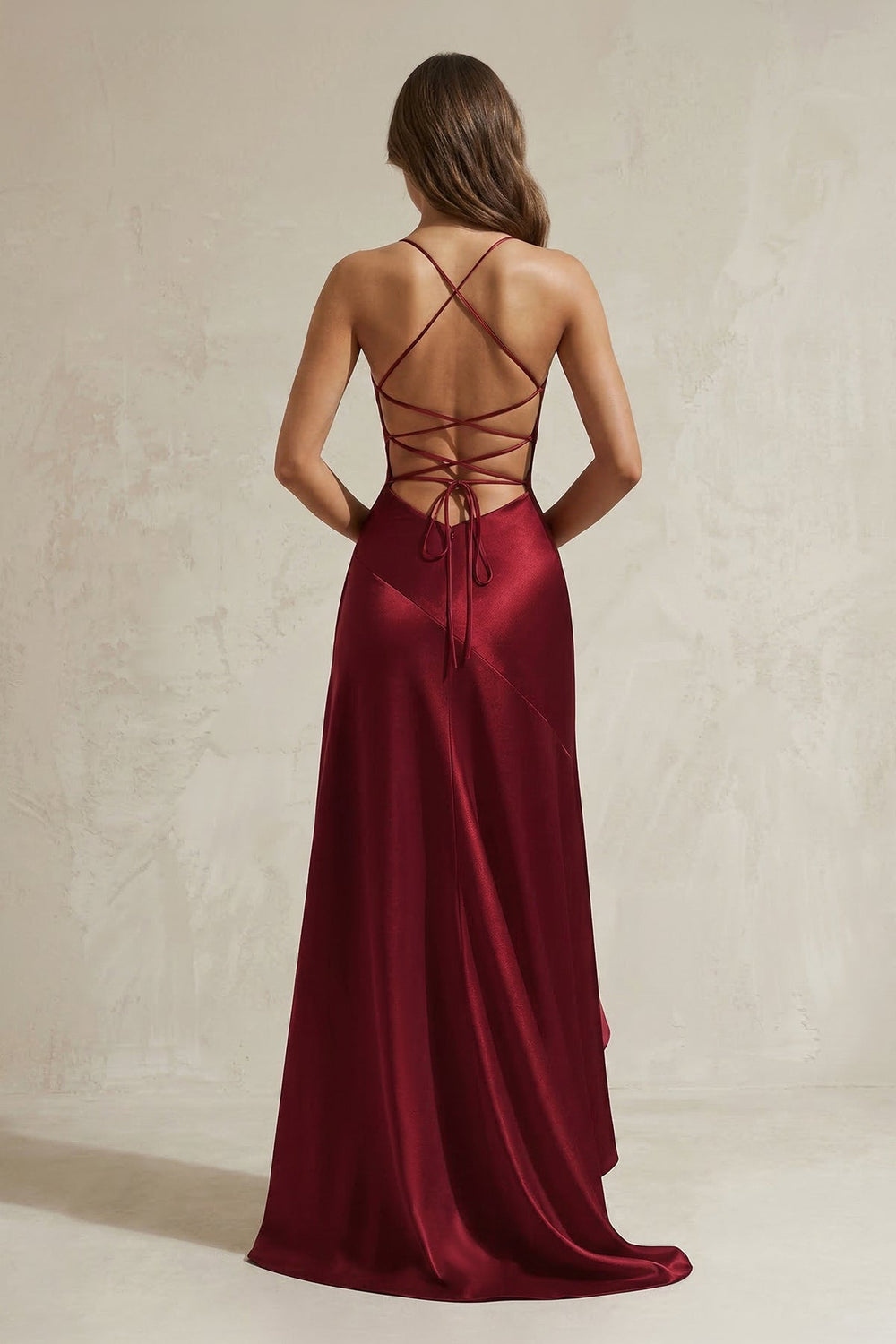 Burgundy Mermaid High-Low Satin Ruffled Long Prom Dress