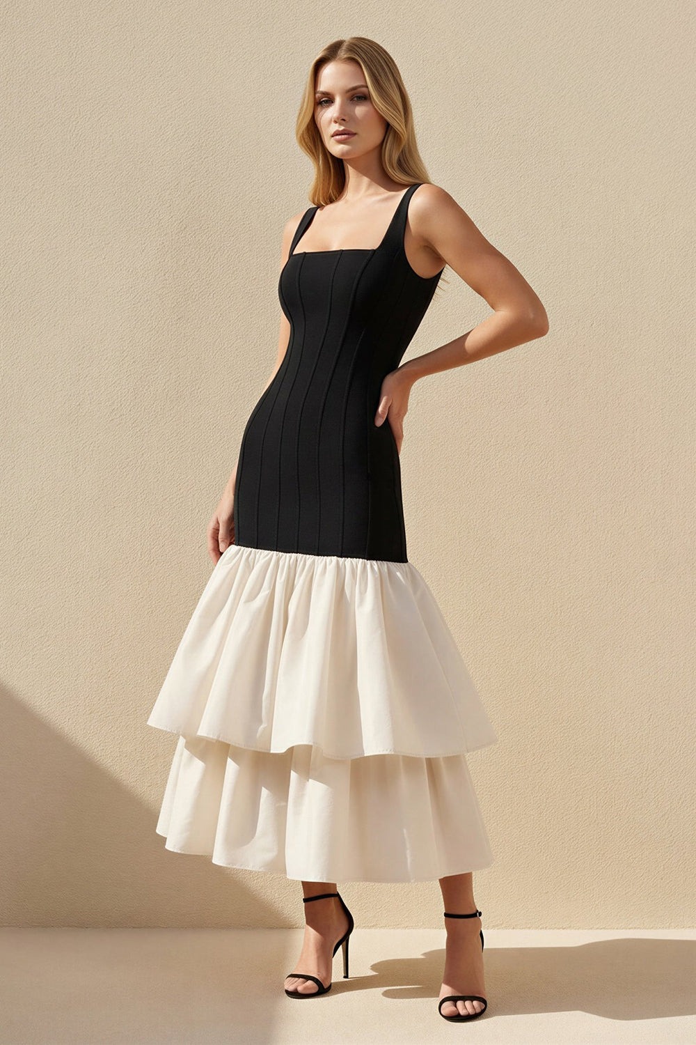 Black and White Square Neck Ruffled Midi Dress