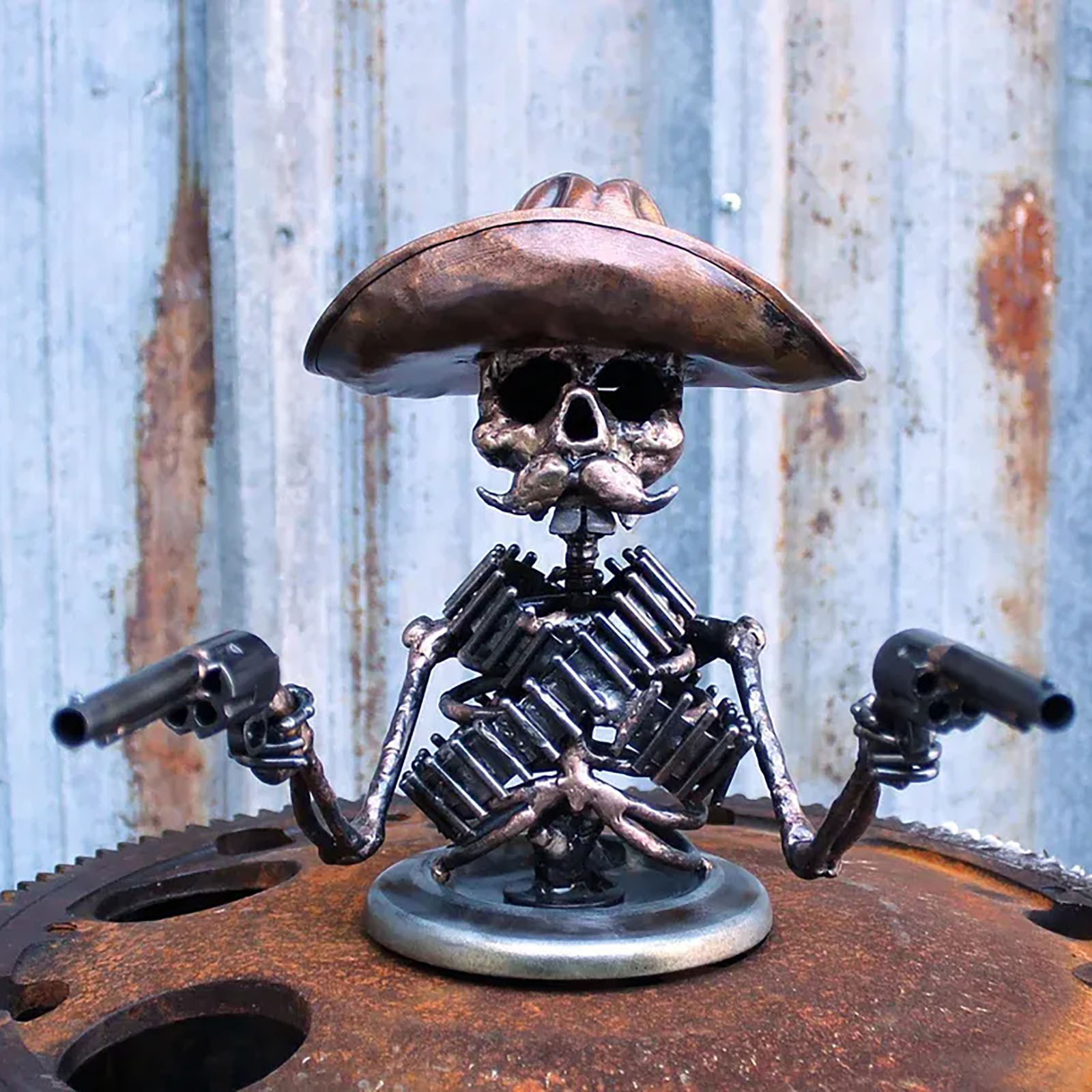 Handmade Cast Cowboy Skull Gunslinger Hood Ornament Sculpture|Metal Art