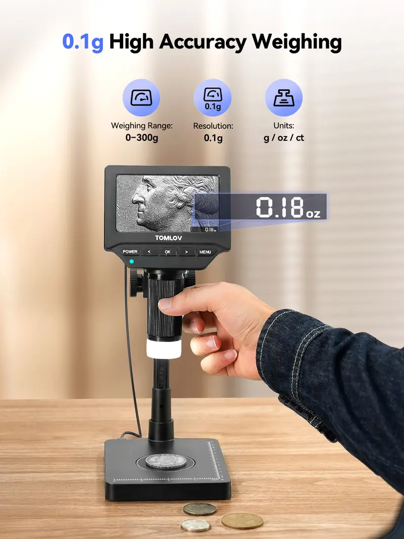 ✨Today's Deal✨TOMLOV DM4W Microscope with Weighing Scale: 4.3" Digital Coin Microscope with Screen, Error Coin Magnifier with Lights, Weight Scale for Collectors, Jeweler, Students, Compatible with Windows/Mac