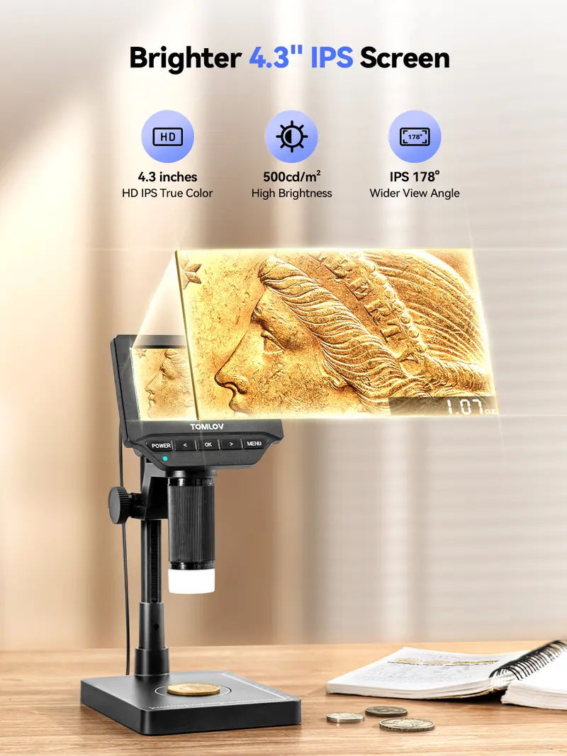 ✨Today's Deal✨TOMLOV DM4W Microscope with Weighing Scale: 4.3" Digital Coin Microscope with Screen, Error Coin Magnifier with Lights, Weight Scale for Collectors, Jeweler, Students, Compatible with Windows/Mac