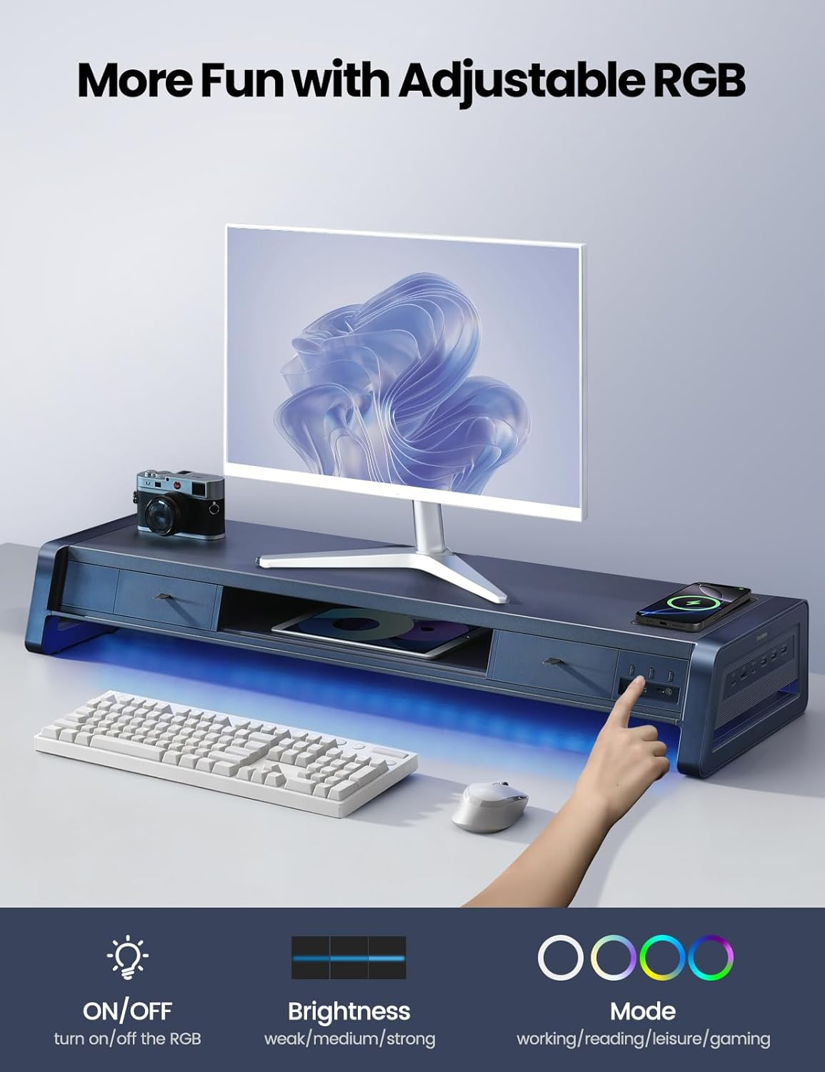 🎁 [Clearance Sale] Dual Monitor Stand Riser with 8 USB Ports & Wireless Charging Pad, All-in-One Computer Monitor Stand with 2 Storage Drawers & LED Backlight