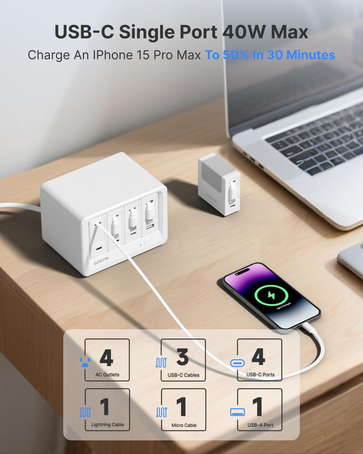 🎁 FLASH SALE-Gitryin 160W Modular Charging Station with Retractable USB-C Cables ✨ Save Big Today!