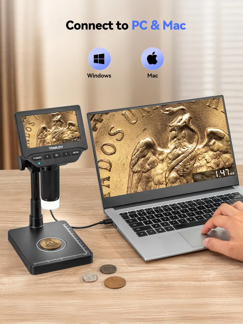 ✨Today's Deal✨TOMLOV DM4W Microscope with Weighing Scale: 4.3" Digital Coin Microscope with Screen, Error Coin Magnifier with Lights, Weight Scale for Collectors, Jeweler, Students, Compatible with Windows/Mac