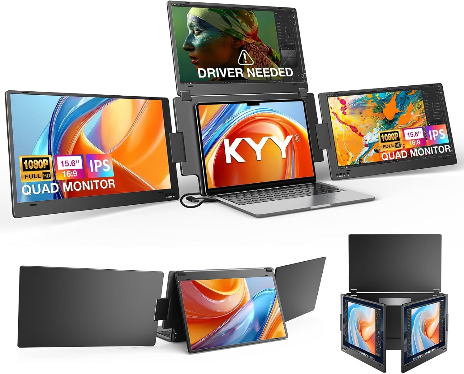 [Limited Stock - Price Drop] 🚀 15.6" Triple Screen Laptop Monitor Extender, FHD 1080P Portable Quad Monitor with 1 USB-C Setup, Auto Rotation Display for 12-17.3" Laptops