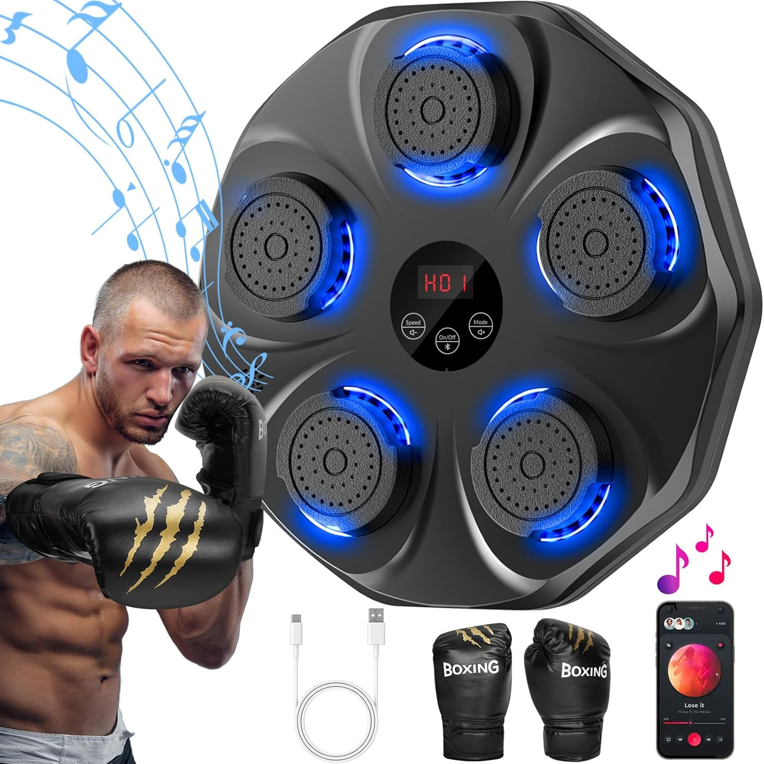 🎵Limited Time Offer🥊TGLLM Music Boxing Machine with Gloves - Smart Wall Mounted Electronic Boxing Target with Bluetooth, 9 Modes & 9 Speeds for Home Workout