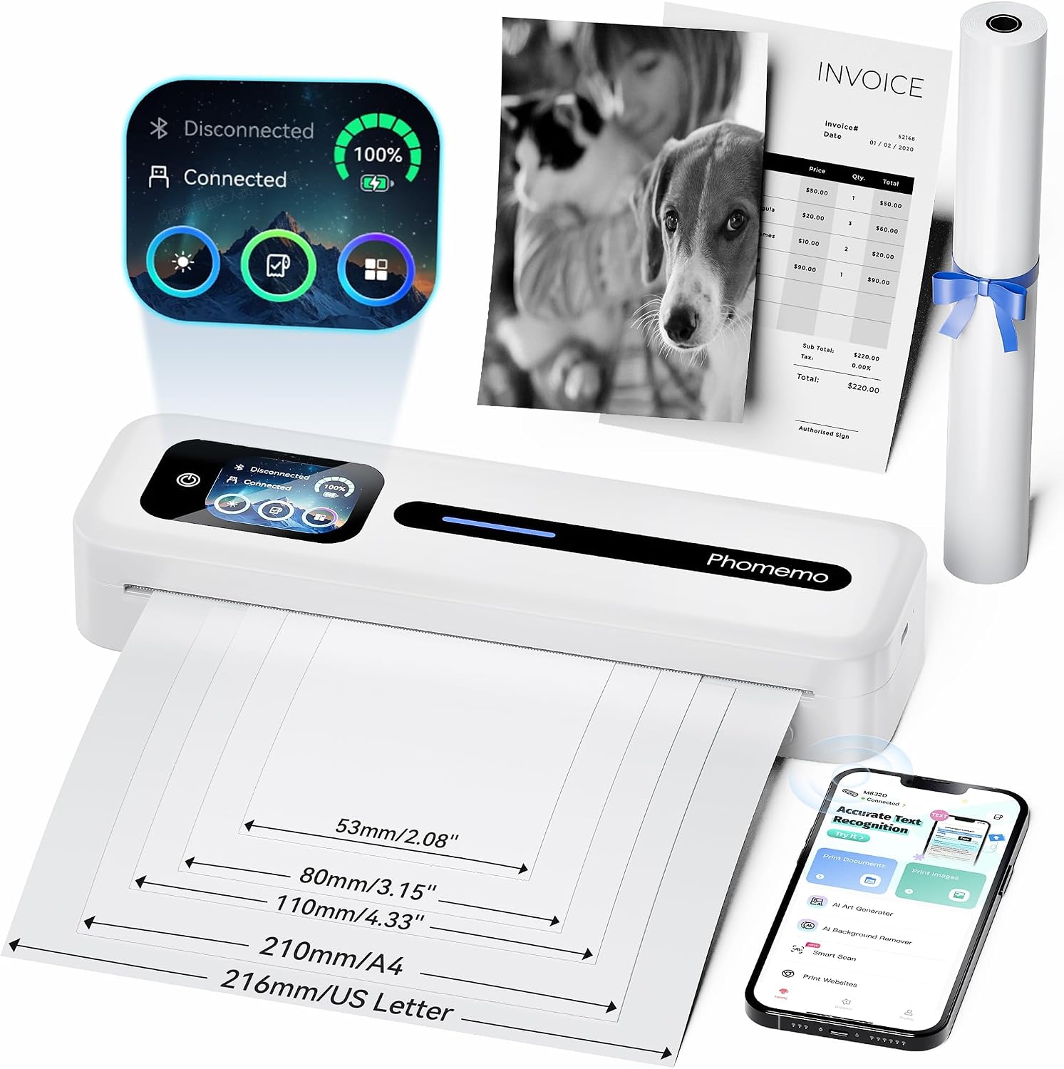 Phomemo Upgraded Portable Printer with Touchscreen, M832D Bluetooth Wireless Thermal Inkless Printer, Supports 8.5"x11" US Letter & A4, Compatible with iOS, Android, PC for Travel